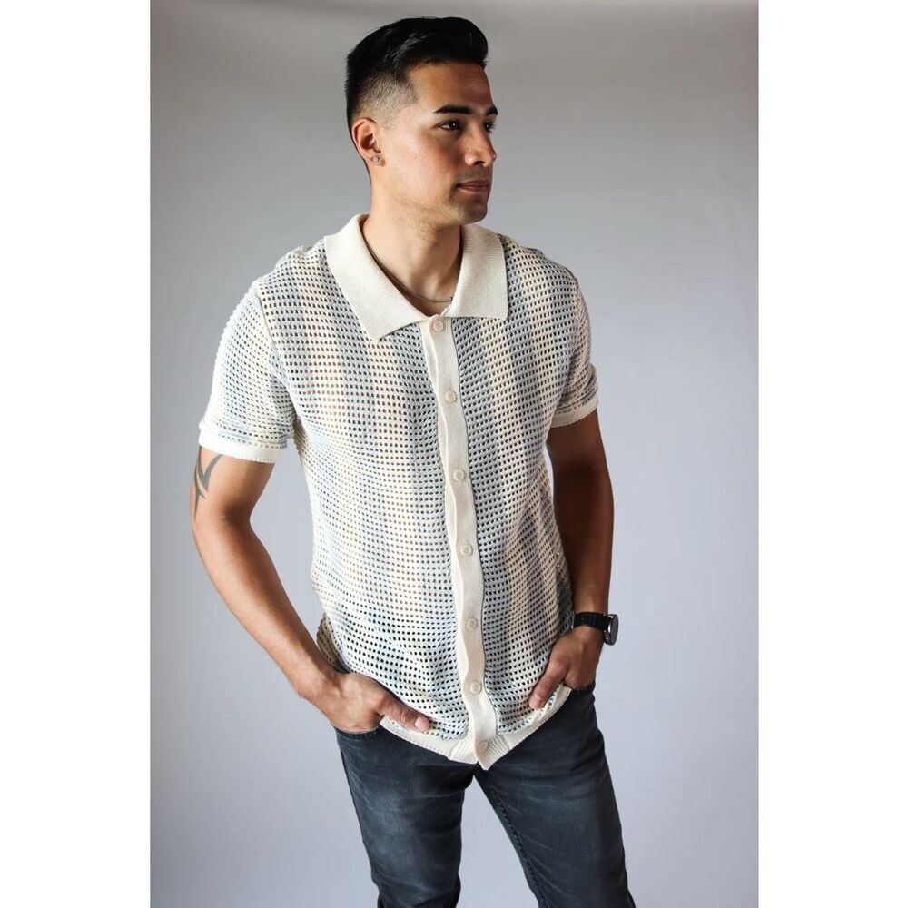 Massive Luxury  Shirt Men’s Crochet Knit Button Down Collared New Ivory Beige L